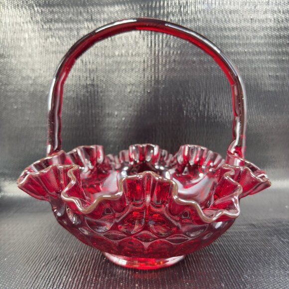 Fenton Ruby Red Glass Basket Bowl Ruffled Edge Amberina Vintage Decor - Picture 10 of 16